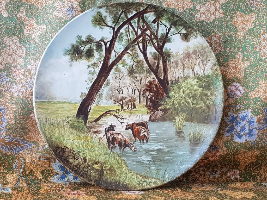 Twee zeldzame antieke schilderij wandborden van Moore & Co., Ophalen, Overige ondergronden, Olieverf, Klassiek