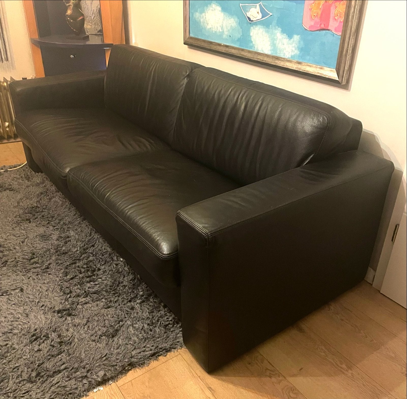 Zwart lederen 2-zits en 3-zits bankstel, Ophalen, Gebruikt, Rechte bank, 200 tot 250 cm