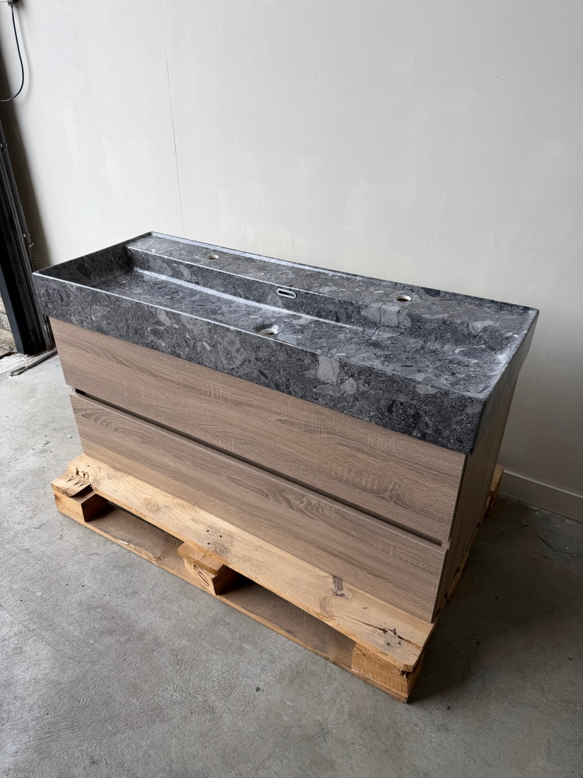 Badmeubel 120 cm - Grijs Eiken met Terrazzo Wastafel, 100 tot 150 cm, Nieuw, Ophalen of Verzenden, Minder dan 100 cm