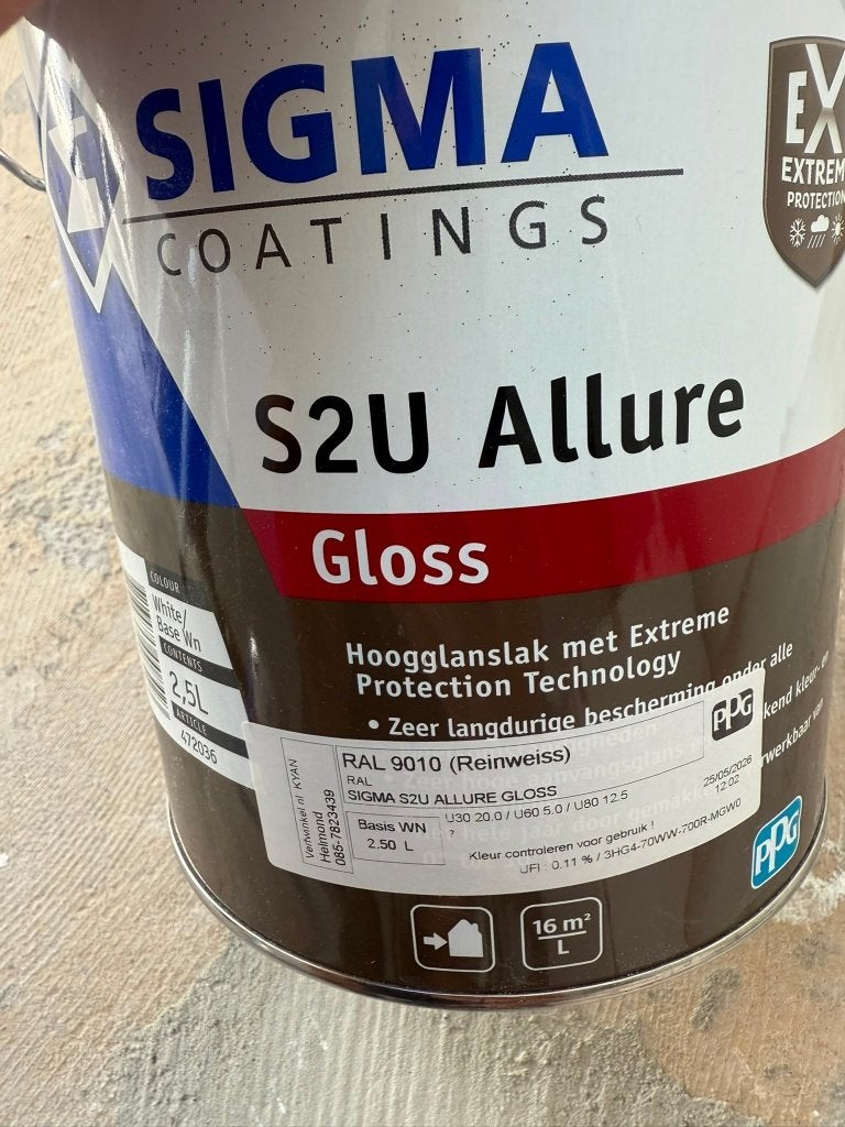 Sigma S2U Allure Gloss verf - 2.5L RAL 9010 NIEUW!, Ophalen, Wit, Nieuw, Verf
