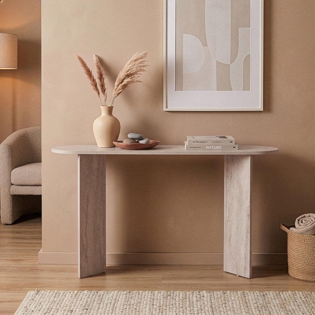 Stijlvolle ovale consoletafel van travertinlook, Huis en Inrichting, Overige materialen, Minder dan 50 cm, 100 tot 150 cm, Ophalen of Verzenden