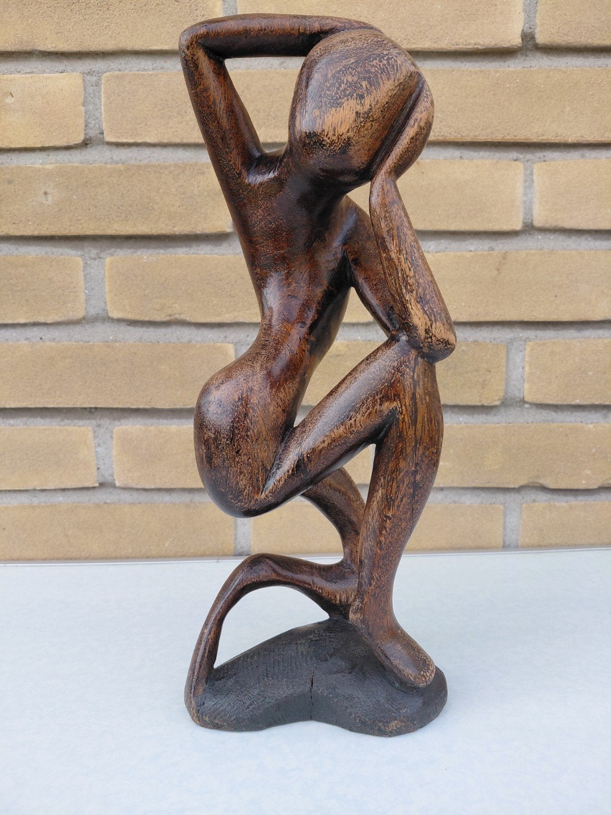 Vintage handgesneden houten beeld "De Denker" - abstract, Hout, Handgemaakt, Beeld, Ophalen of Verzenden