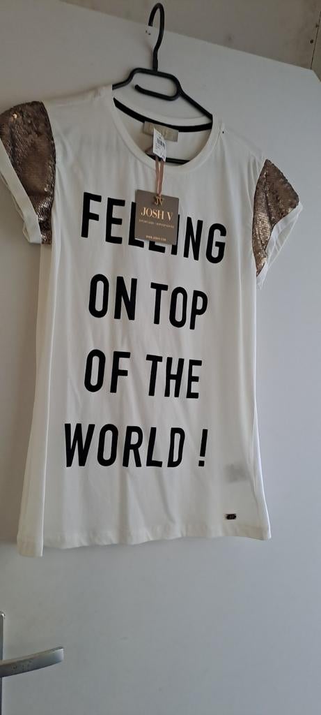 Josh V T-shirt 'Feeling on top of the world' met pailletten, Maat 38/40 (M), Wit, Nieuw, Ophalen of Verzenden
