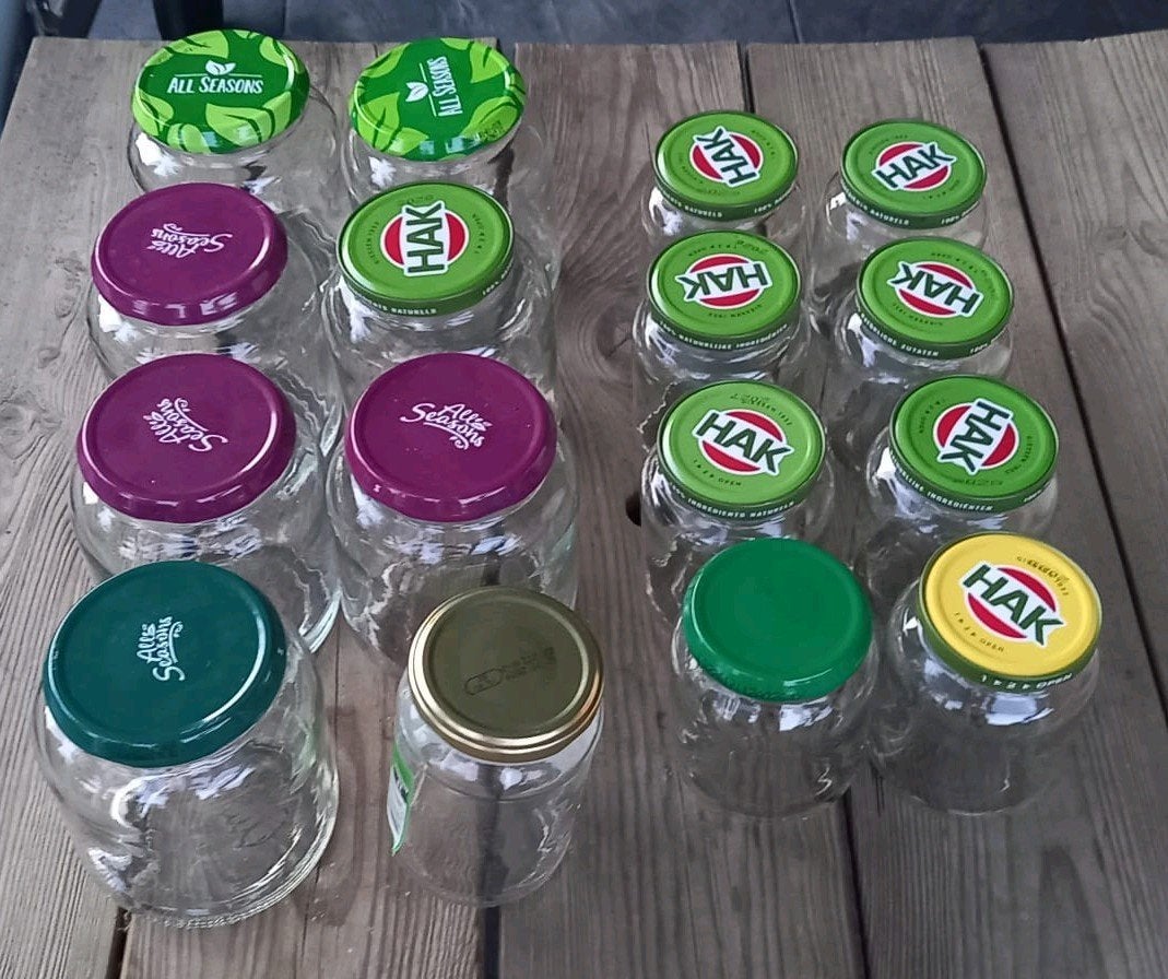 16 inmaakpotjes / jampotjes / waarvan 8 HAK-potjes, Overige typen, Ophalen of Verzenden, Zo goed als nieuw, Glas