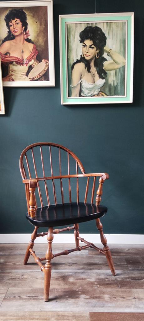 Vintage Windsor stoel met zwarte zitting, Antiek en Kunst, Ophalen