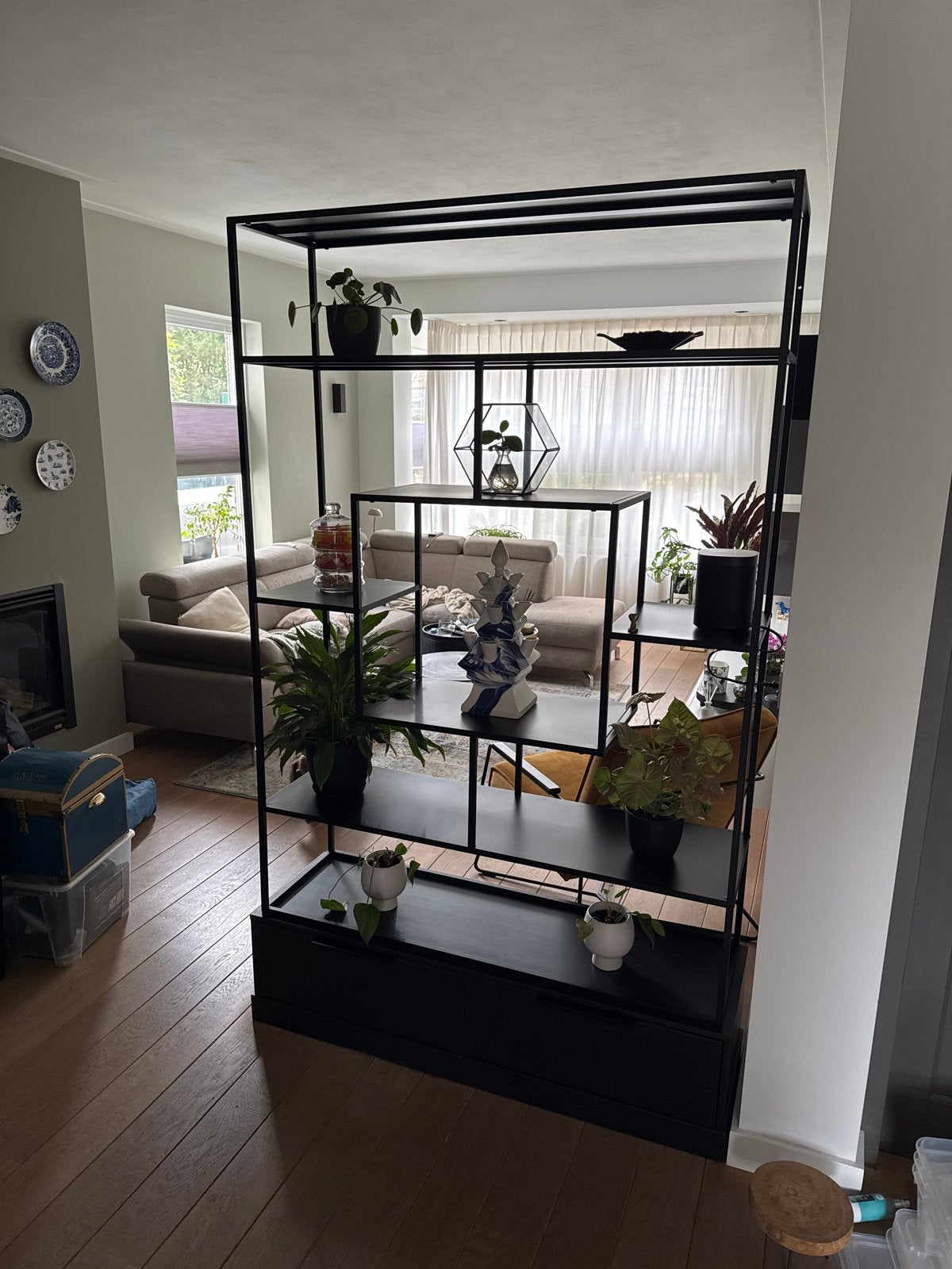 Stijlvolle zwarte open kast met lades - Roomdevider, Ophalen, 100 tot 150 cm, 200 cm of meer, Zo goed als nieuw