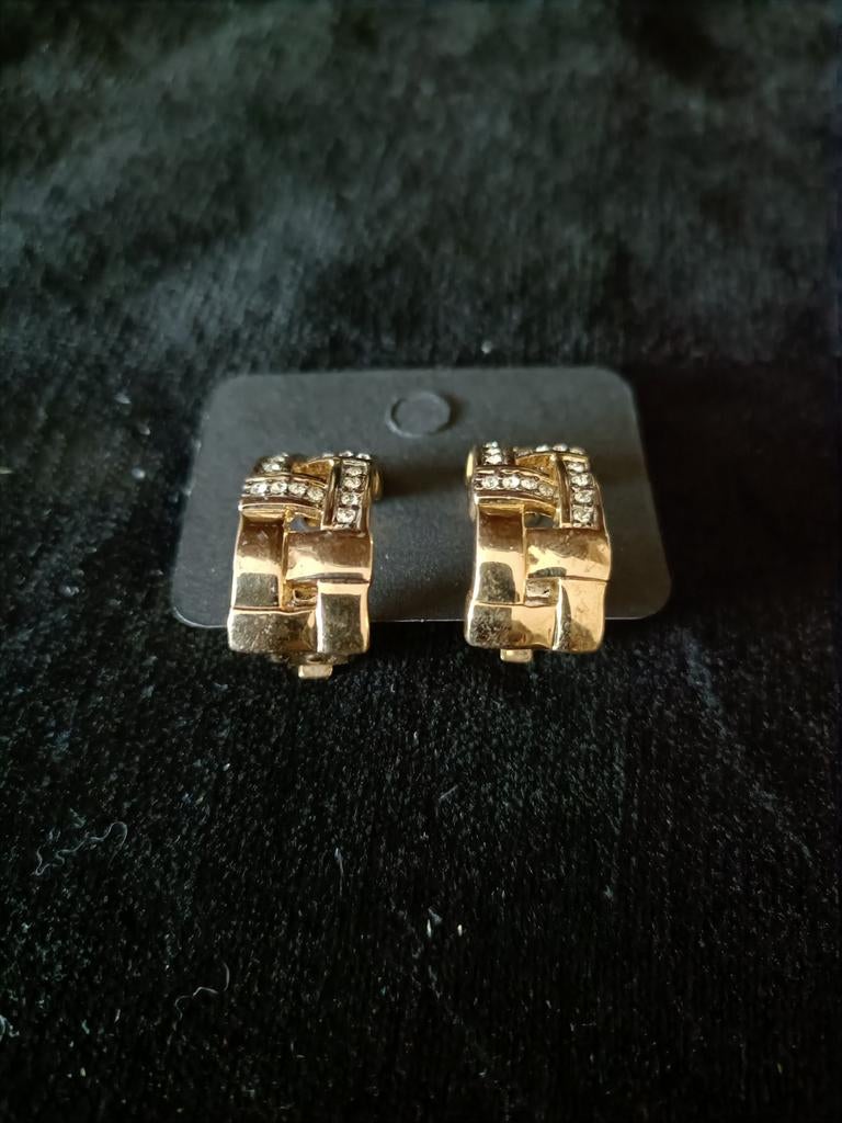 Vintage Jaren '50 Goudkleurige Clip-on Oorbellen met Strass, Sieraden, Tassen en Uiterlijk, Oorbellen, Overige materialen, Gebruikt