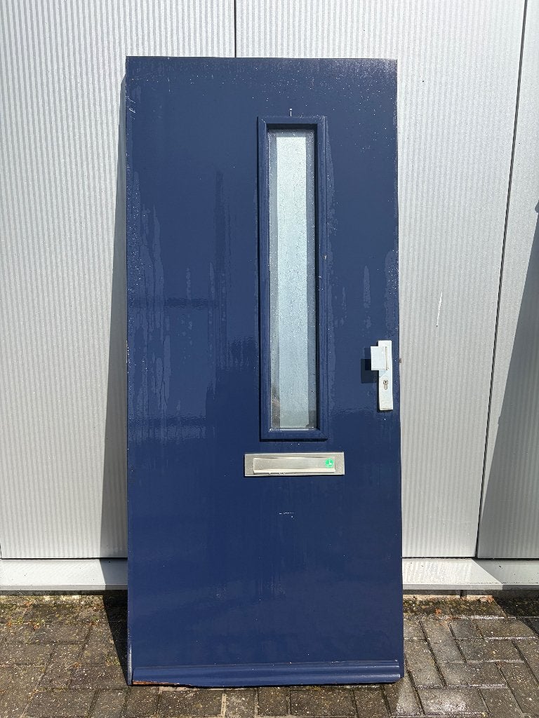 Hardhouten buitendeur blauw smal glas +brievenbus|93,5x211,5, Ophalen, Gebruikt, 80 tot 100 cm, Buitendeur