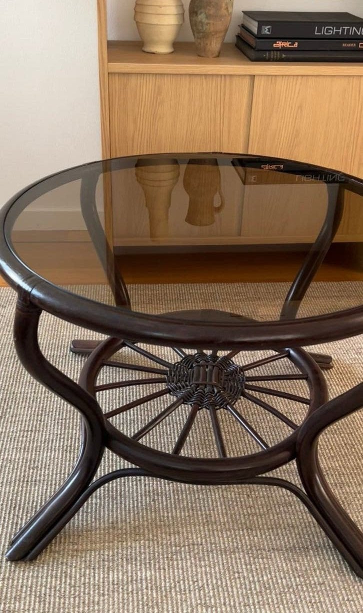 Vintage bamboe salonttafel rookglas, Ophalen, Gebruikt, Rond