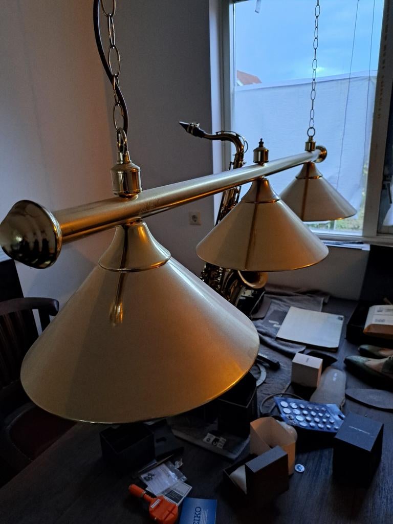 Biljartlamp met extra 3 groene kappen., Huis en Inrichting, Lampen | Hanglampen, Ophalen of Verzenden, Zo goed als nieuw, Minder dan 50 cm