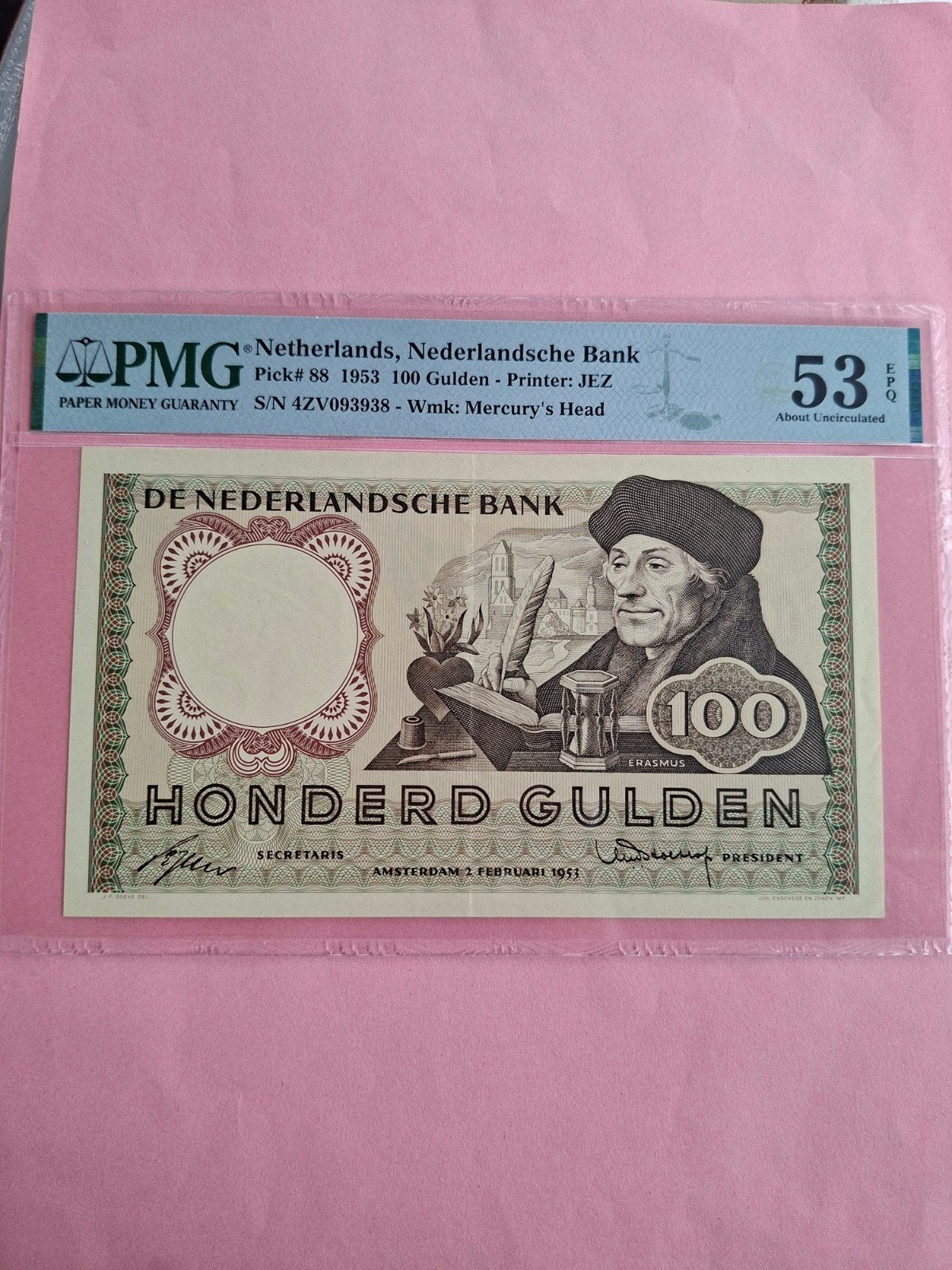 100 gulden Erasmus invulserie uit 1953 in AUNC
Serie nummer, Ophalen of Verzenden, 100 gulden, Los biljet