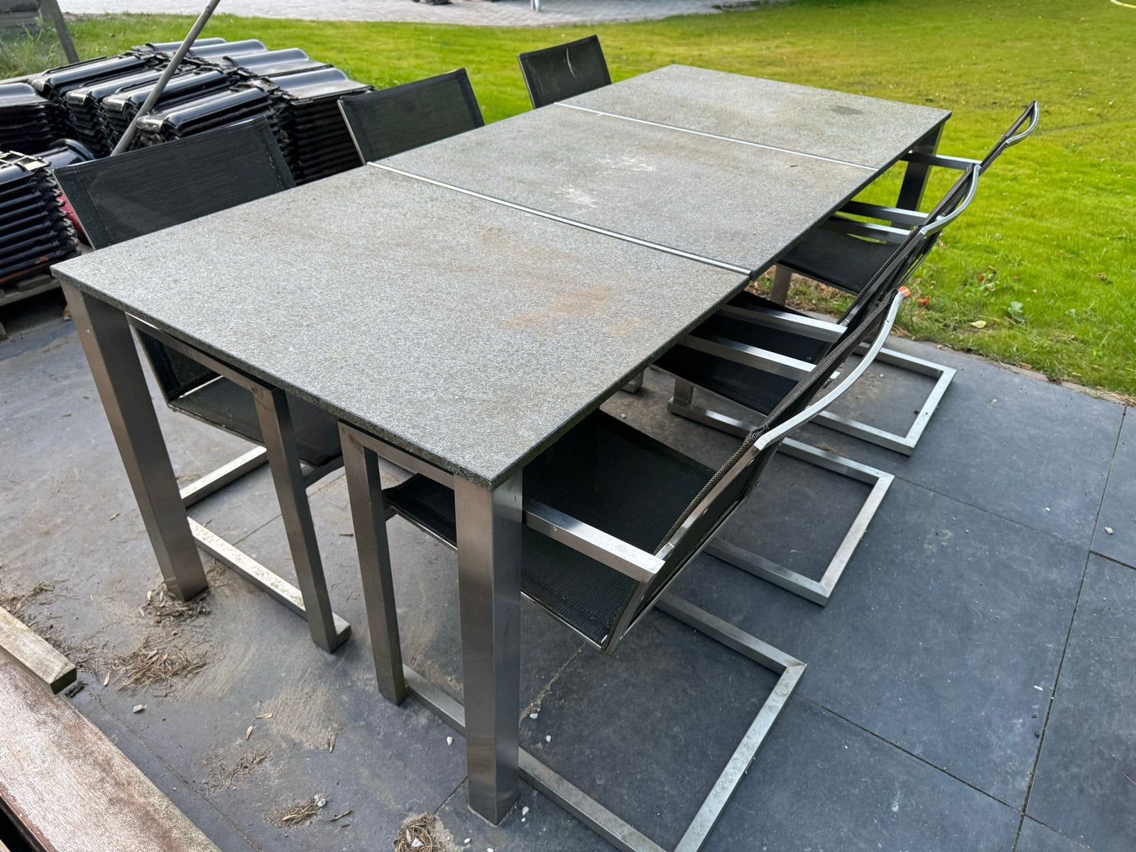 Tuintafel met 6 stoelen. RVS met blad van natuursteen., Ophalen, Gebruikt, Rvs
