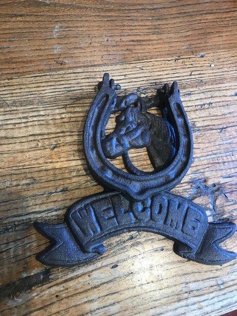 gietijzeren deurklopper, paard met hoefijzer, Antiek en Kunst, Ophalen of Verzenden