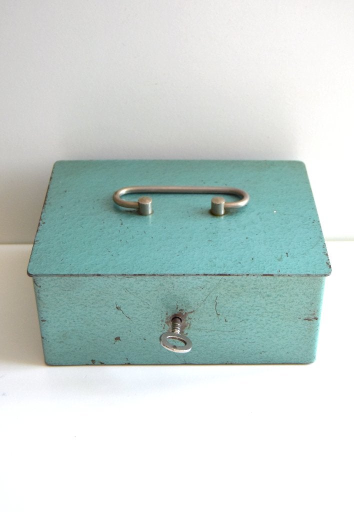 Mooi blauw/groen vintage geldkistje met sleuteltje, Ophalen of Verzenden