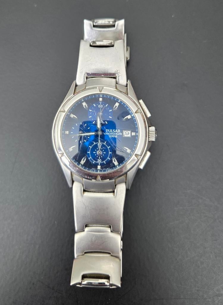 Pulsar Chronograaf Herenhorloge - Blauwe Wijzerplaat, Gebruikt, Staal, Polshorloge, Ophalen of Verzenden