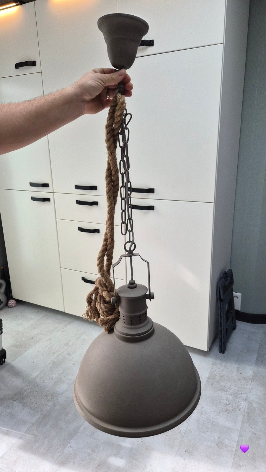 Industriële hanglamp met touw en ketting - Ø 40cm, Ophalen of Verzenden, Zo goed als nieuw, E27 (groot)