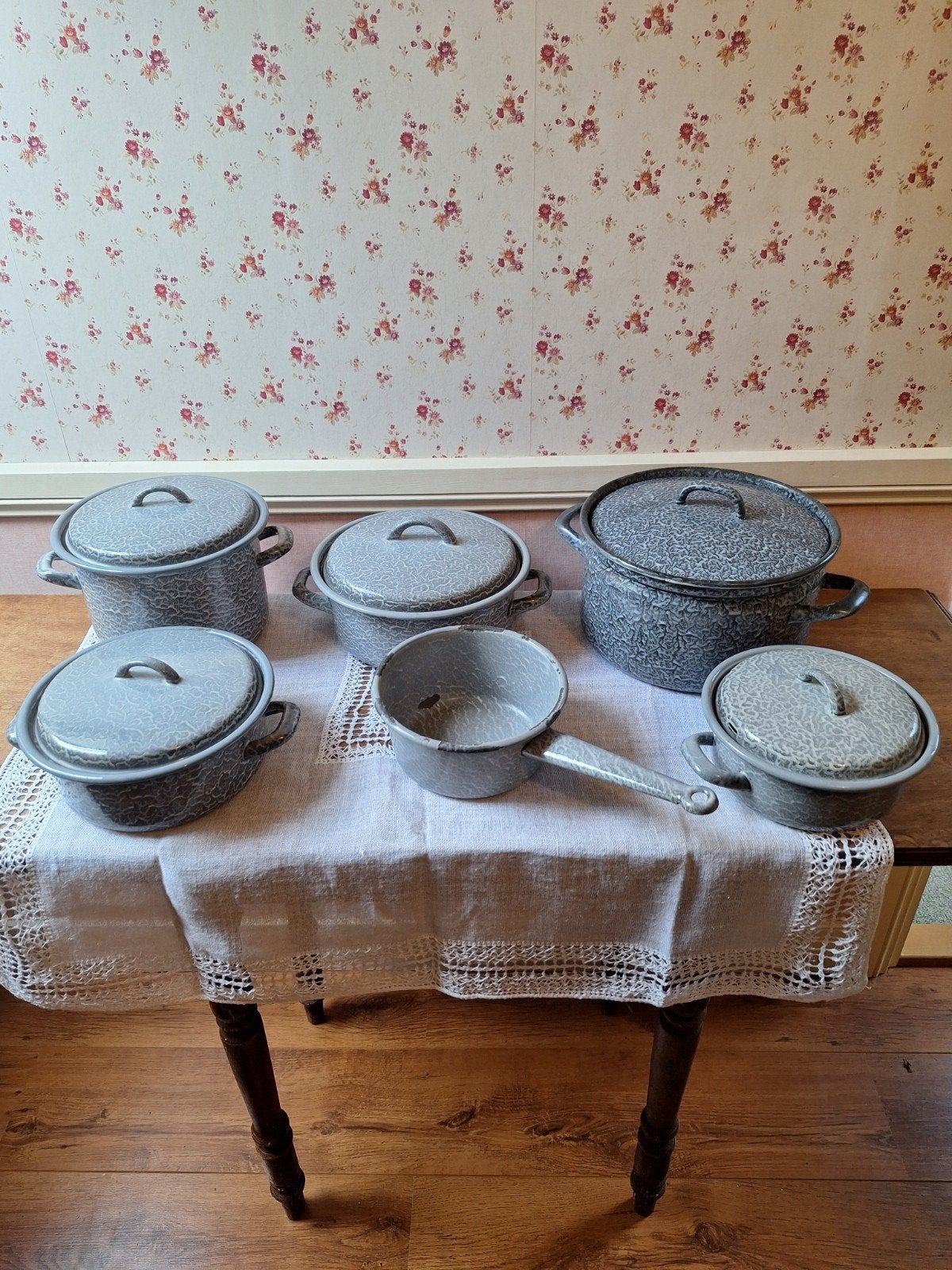 Vintage geëmailleerde pannen set grijsgewolkt - 6 stuks, Ophalen