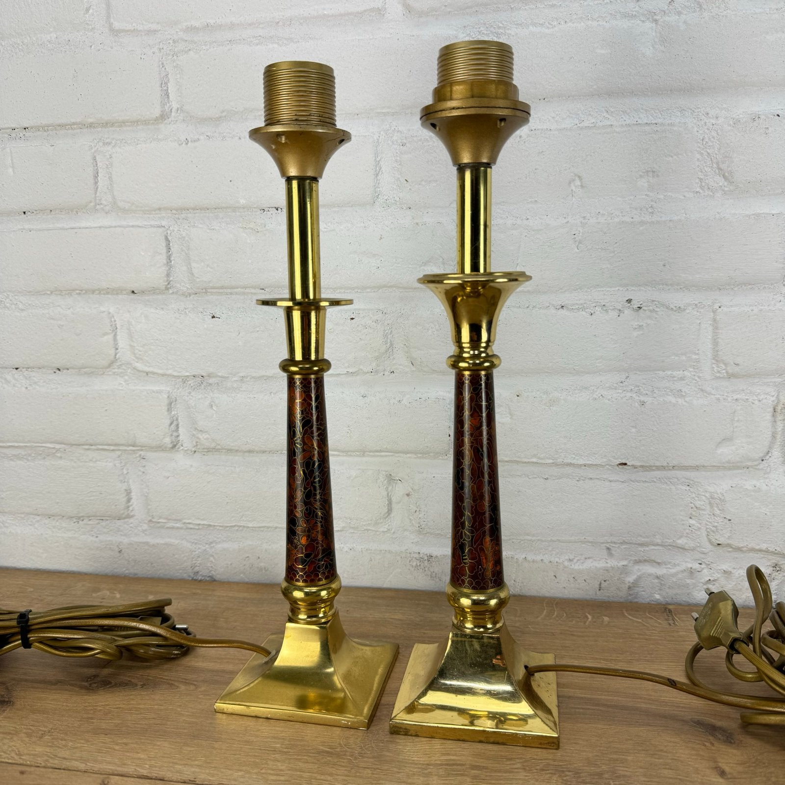 Set van 2 vintage koper tafellampen met cloisonné decoratie, Ophalen of Verzenden