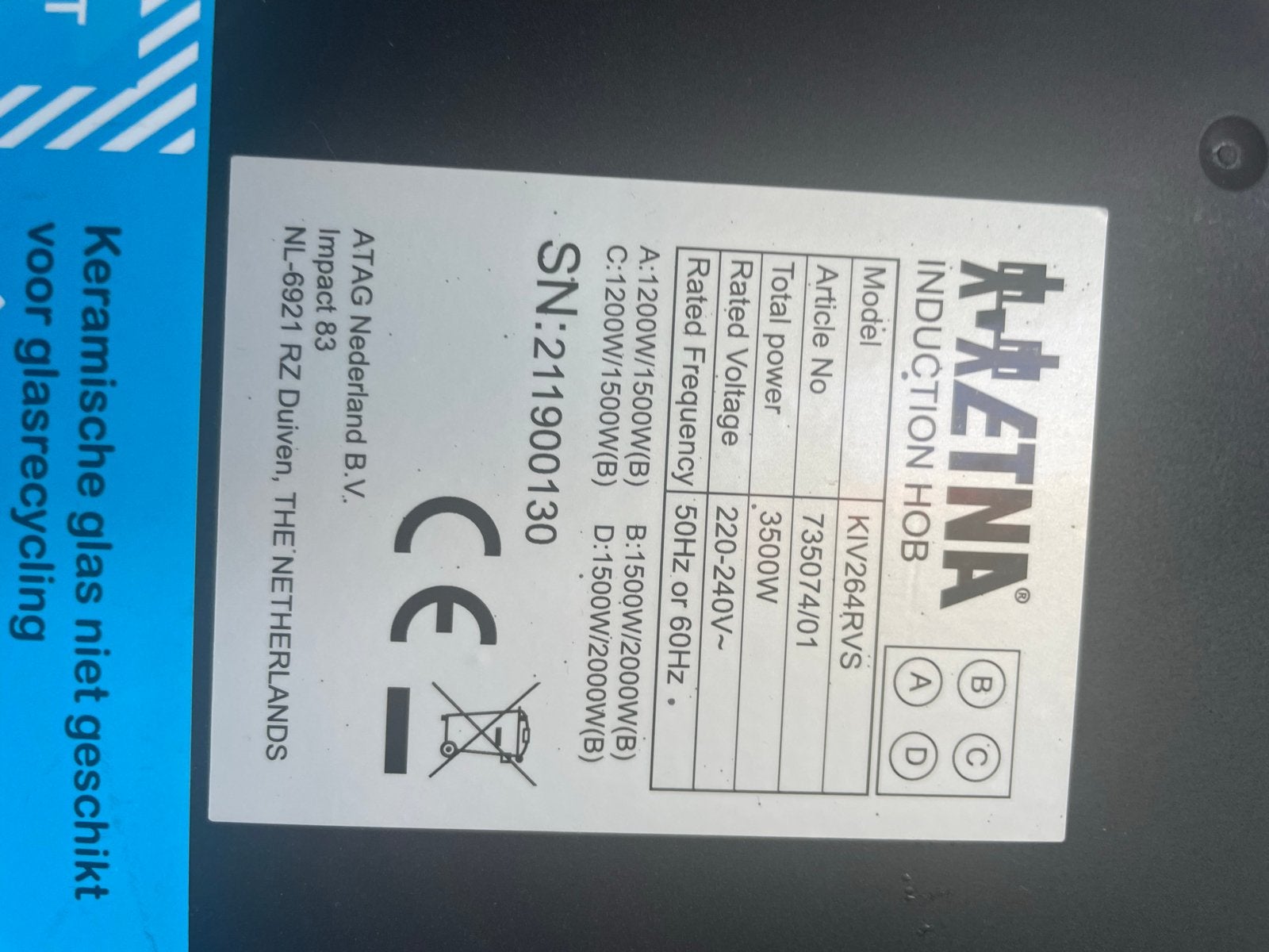 Etna KIV264RVS Inductiekookplaat - Zo goed als nieuw, Witgoed en Apparatuur, Kookplaten, Ophalen, 4 kookzones, Zo goed als nieuw