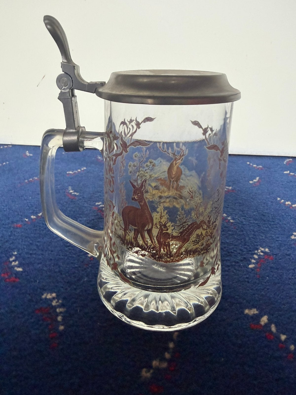 Bierpul met afbeeldingen van herten en tinnen deksel, Ophalen of Verzenden, Zo goed als nieuw, Bierglas