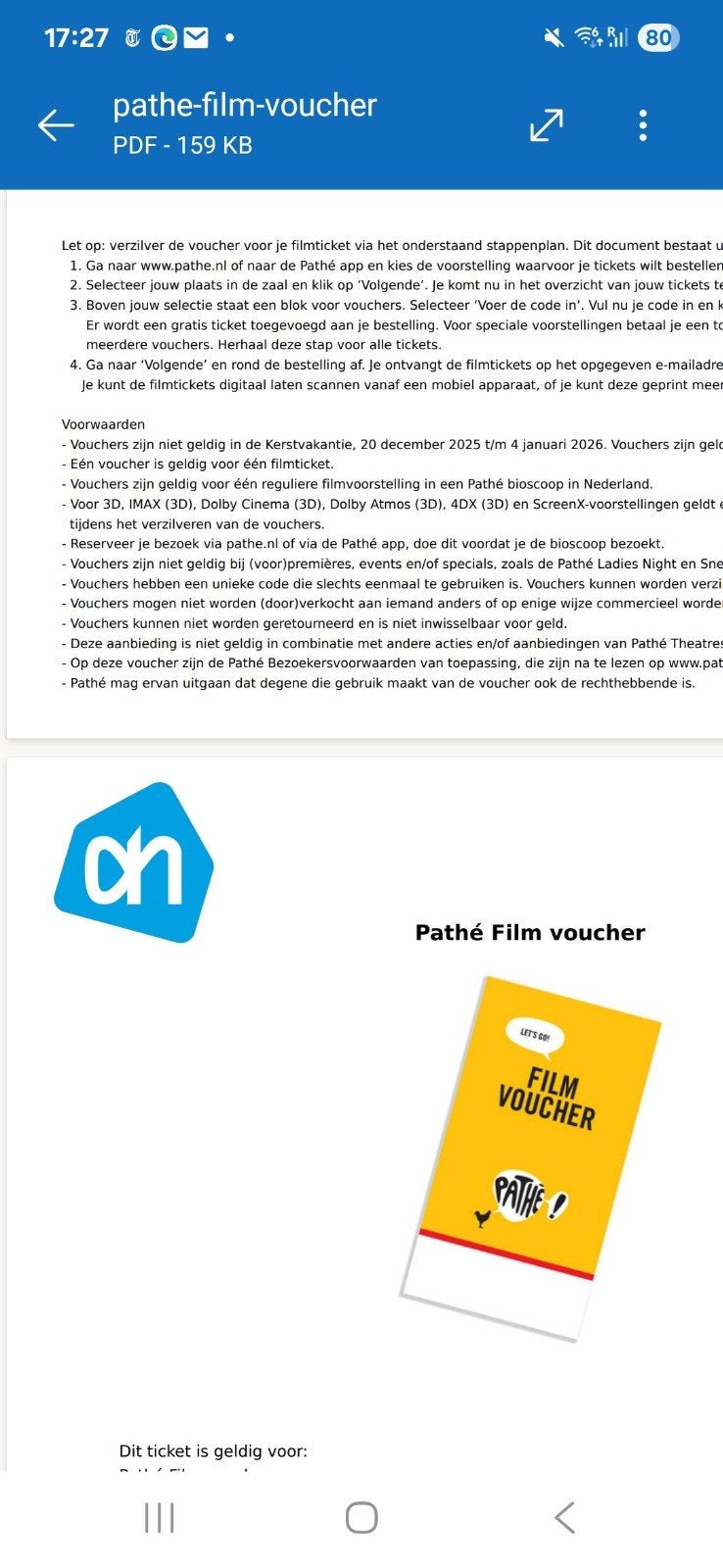 Pathe voucher, Eén persoon, Vrijkaartje alle films