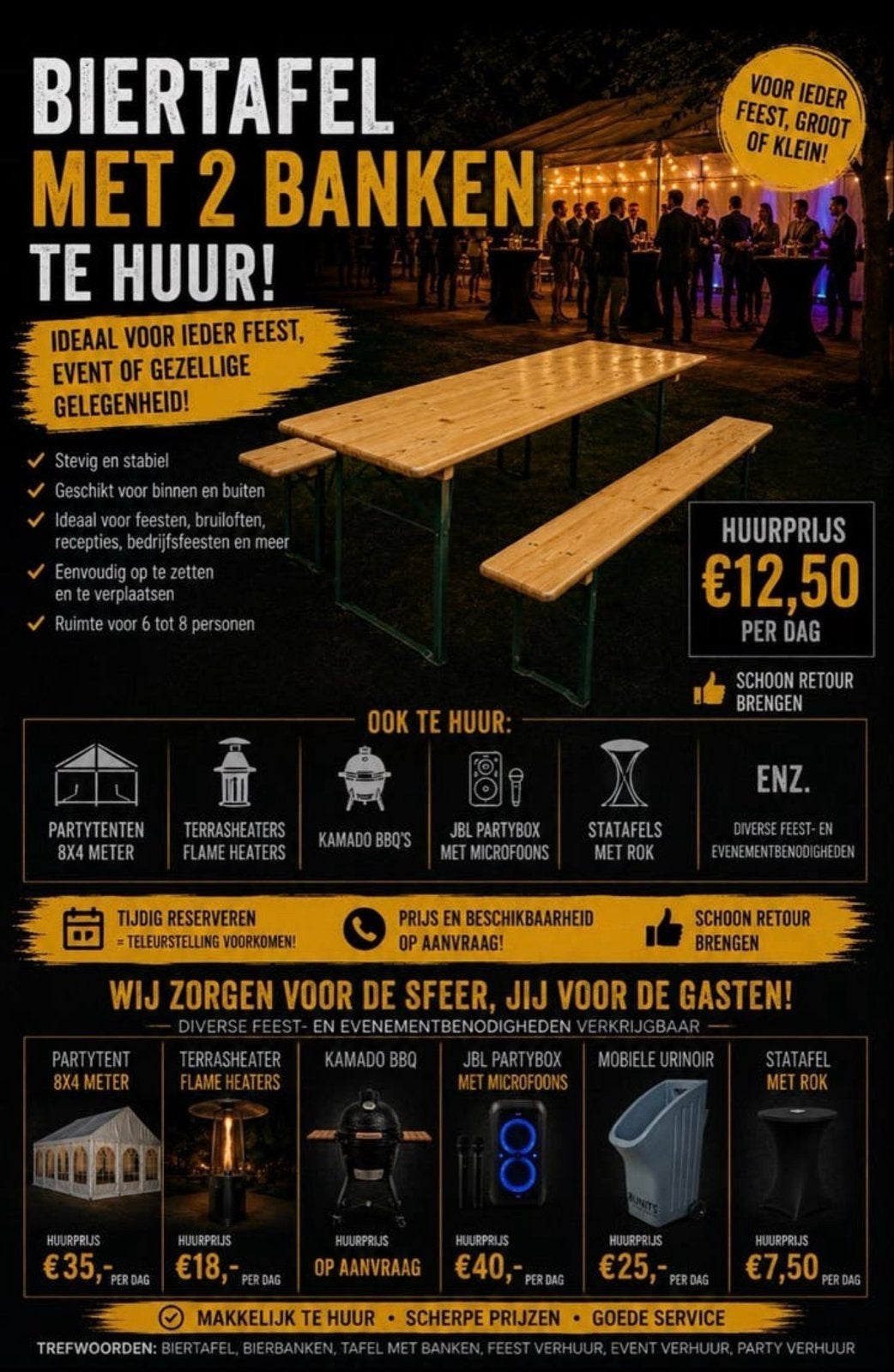 Biertafel met 2 banken te huur, Ophalen of Verzenden, Nieuw, Overige