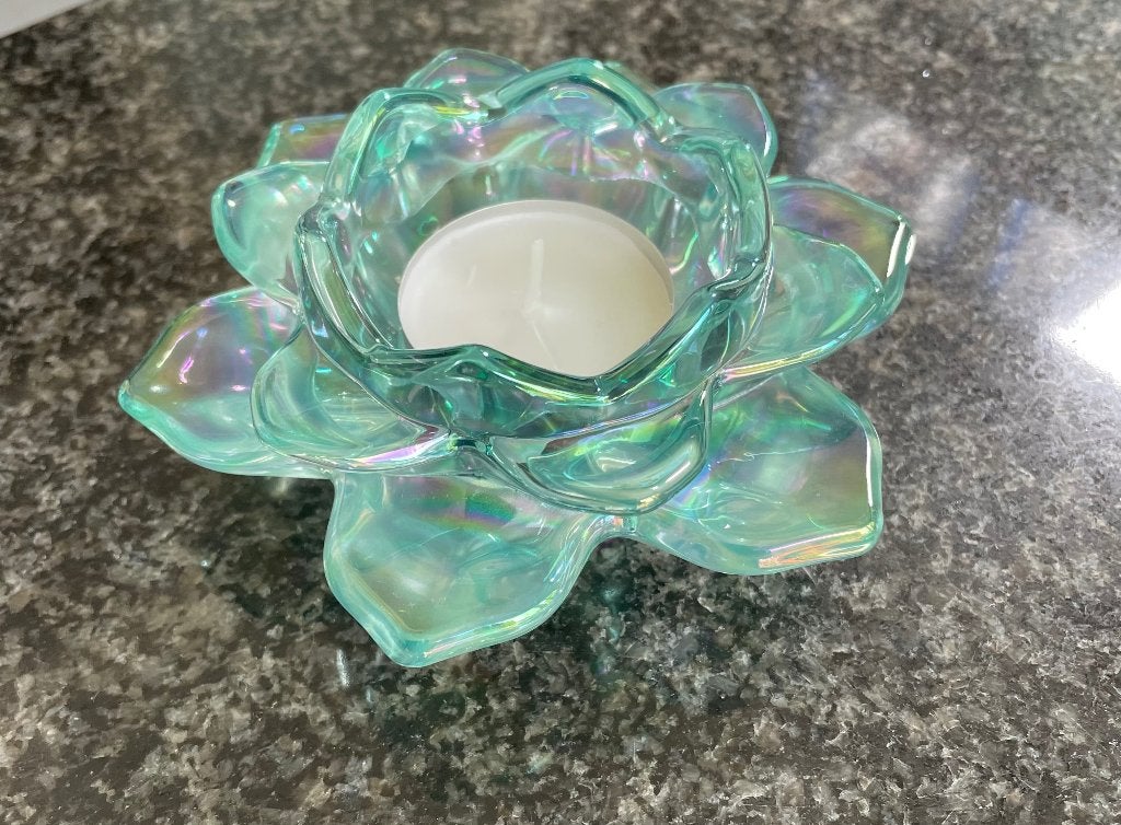 Glazen waxinelicht houder turquoise lotusbloem, Huis en Inrichting, Overige merken, Waxinelichthouder, Nieuw, Ophalen of Verzenden