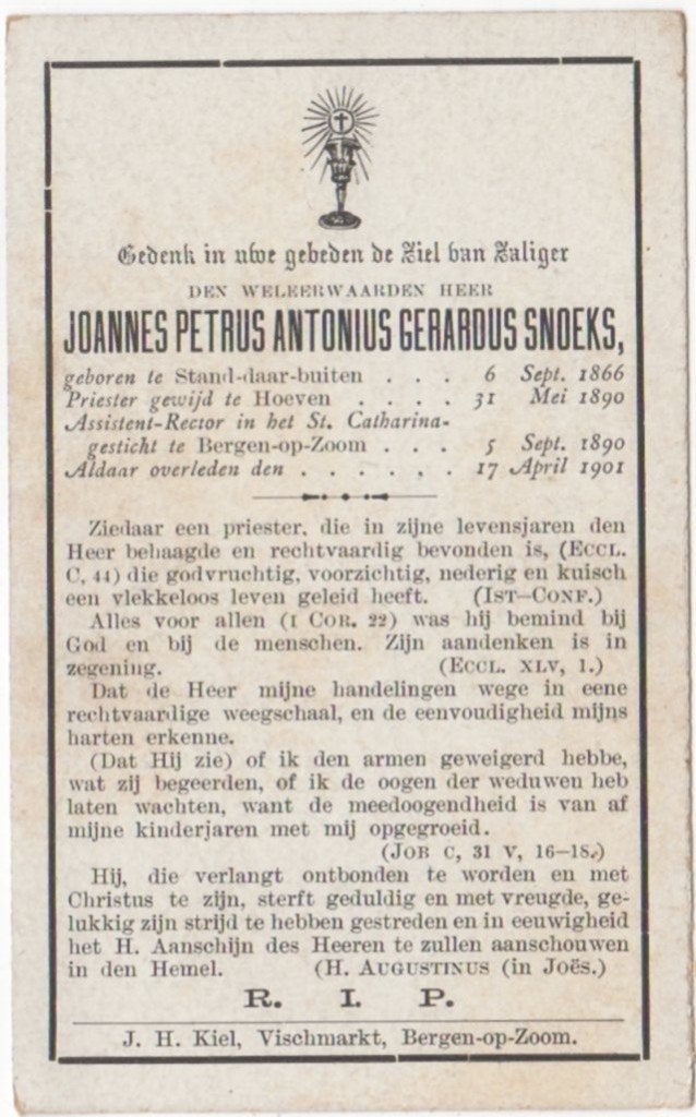 pastoor J. Snoeks 1866 Standaardbuiten + 1901 Bergen op Zoom, Ophalen of Verzenden