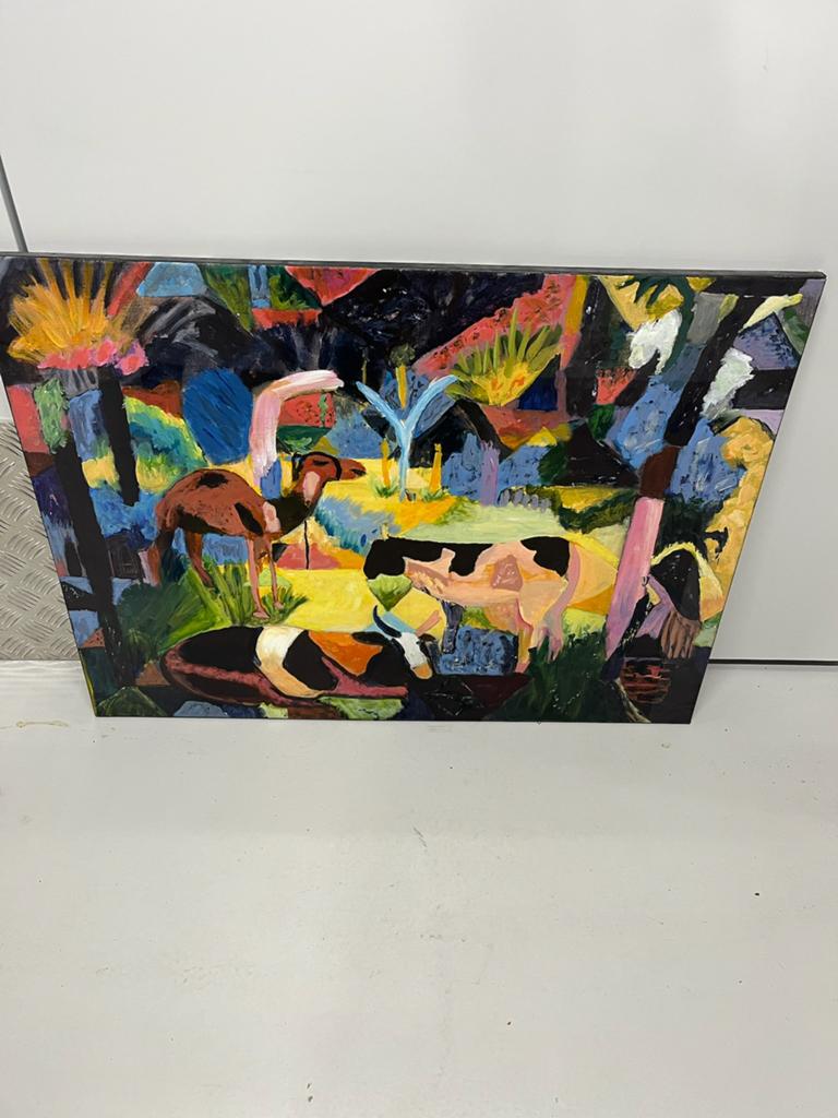 Abstract Schilderij: Kameel en Koeien in Kleurrijk Landschap, Antiek en Kunst, Ophalen
