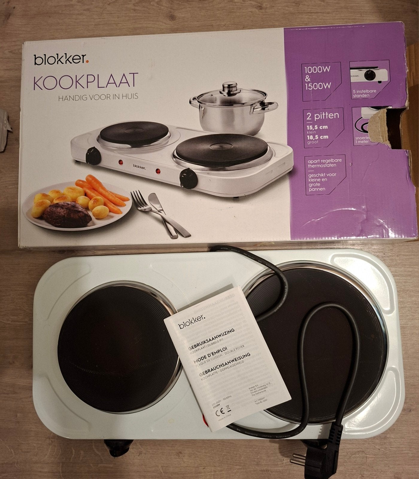 Blokker Kookplaat 2 pitten - 1000W & 1500W, Nieuw, 3 kookzones of minder, Ophalen of Verzenden, Vrijstaand