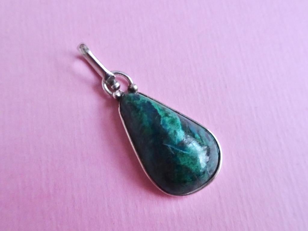 jwg Vintage 60s Malachiet ketting hanger zilver groen steen, Sieraden, Tassen en Uiterlijk, Antieke sieraden, Hanger, Zilver, Met edelsteen