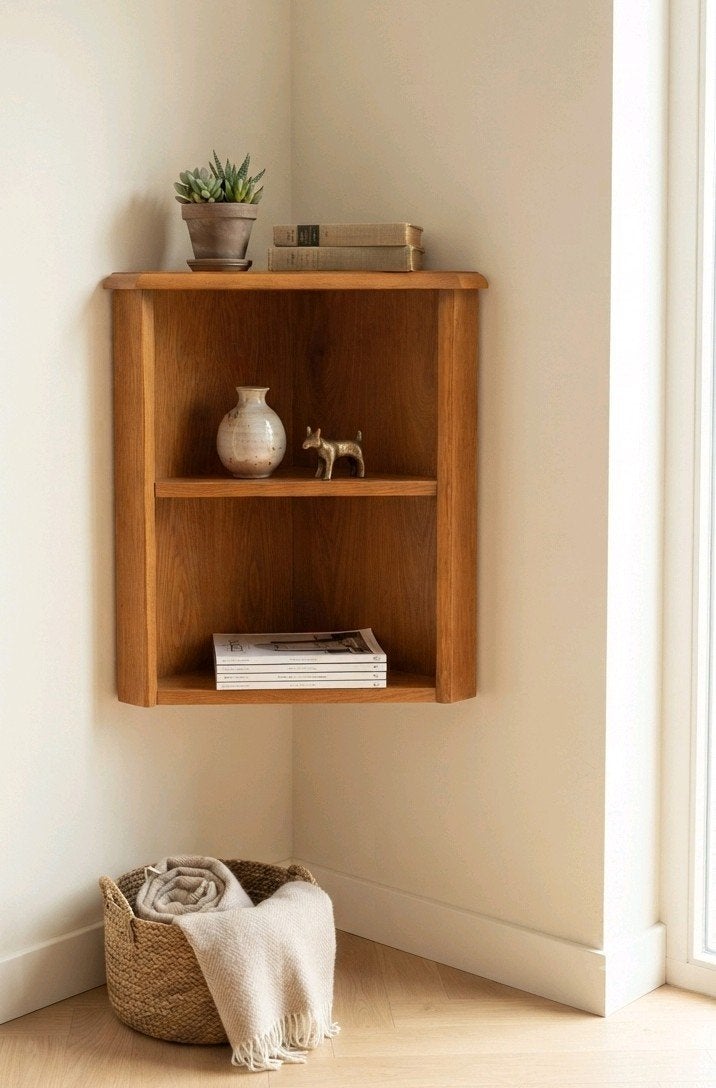 Set 2x Massief Eiken houten Hoek-Hangkastjes, nachtkastjes, Ophalen, Zo goed als nieuw