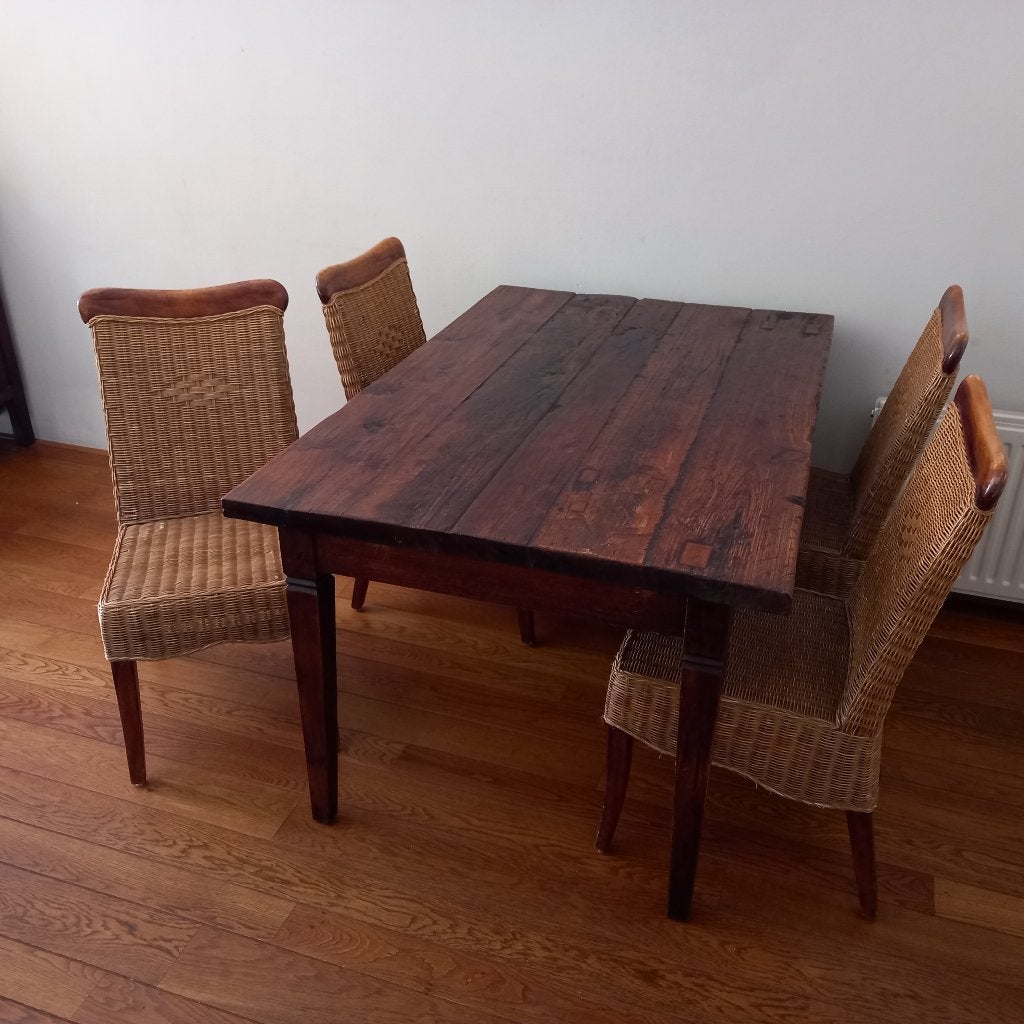 Koloniale teakhouten Eettafel en/of stoelen, Ophalen, Gebruikt, 100 tot 150 cm, Koloniaal