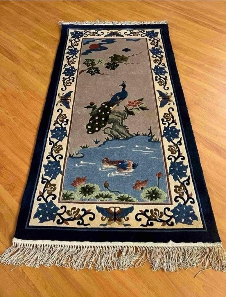 Pine & Crane zijden Chinees tapijt 122/62, 100 tot 150 cm, Blauw, Djt@dejuistetoon.eu, Zo goed als nieuw