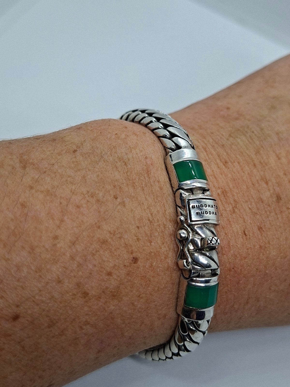 Buddha to Buddha Ben Zilveren Armband met Groene Steen, Ophalen of Verzenden, Zo goed als nieuw, Met edelsteen, Zilver