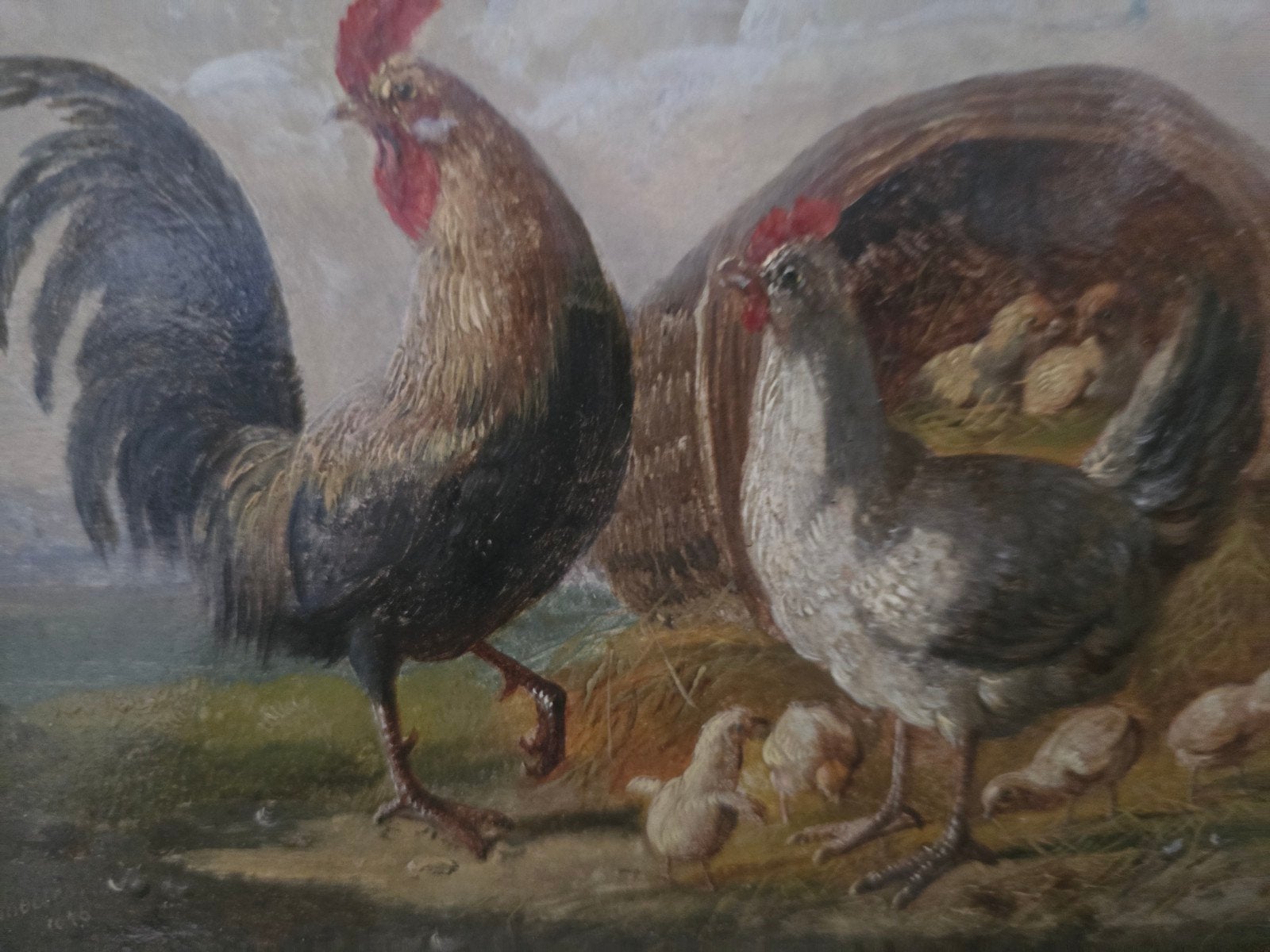 Schilderij Albertus Verhoesen - Haan, kip en kuikens, Antiek en Kunst, Paneel, Dieren, Ophalen of Verzenden, Olieverf