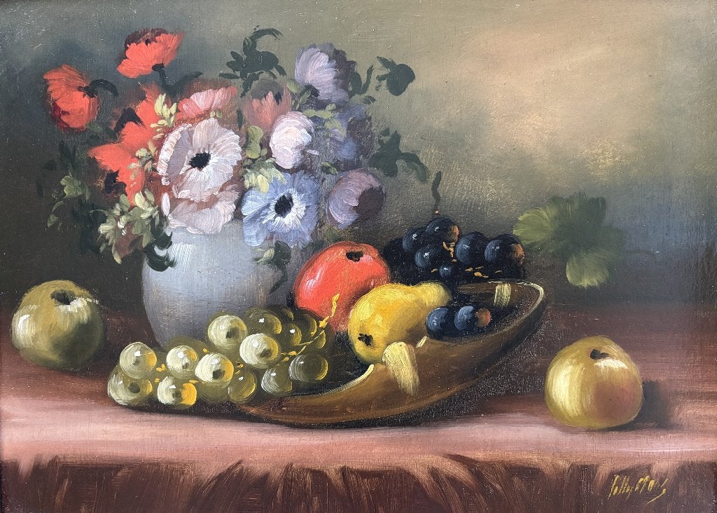 Tilly Moes (1899-1979) - Stilleven met bloemen en fruit, Antiek en Kunst, Kunst | Schilderijen | Klassiek, Bloemen, Paneel, Ophalen of Verzenden