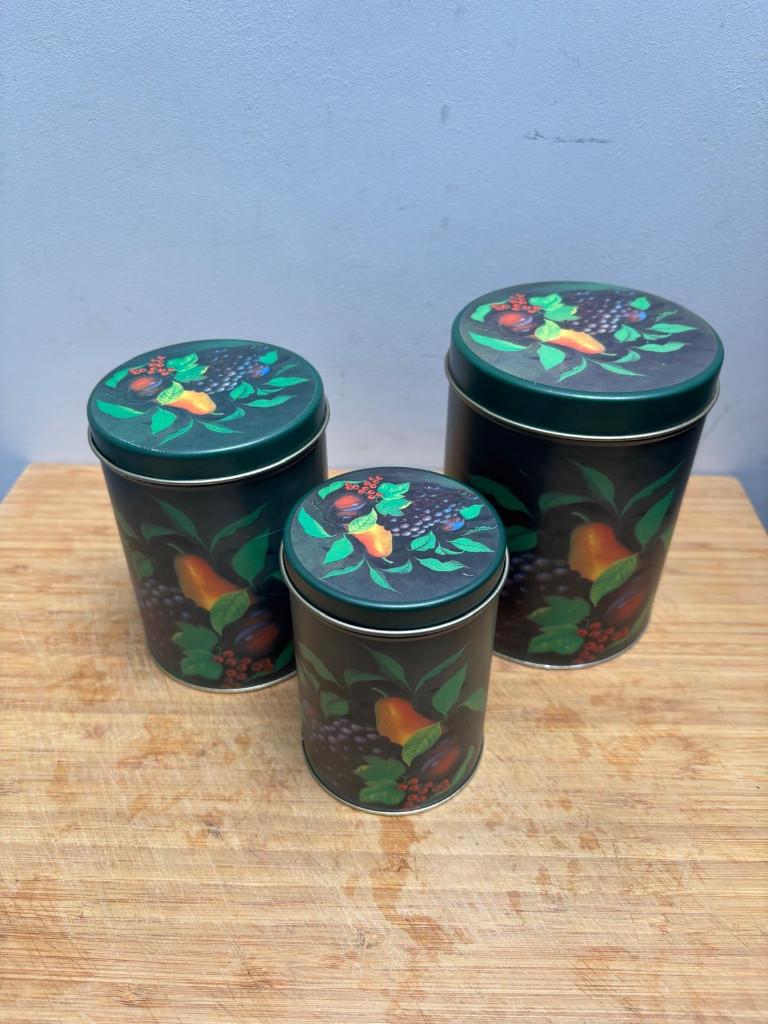 Drie Groene Ronde Blikken met Fruittafereel, Verzenden, Gebruikt, Overige, Overige merken
