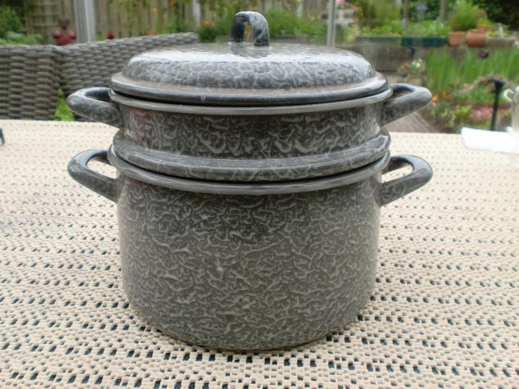 Rijststomer 21 cm grijs gewolkt, Antiek en Kunst, Antiek | Emaille, Ophalen of Verzenden