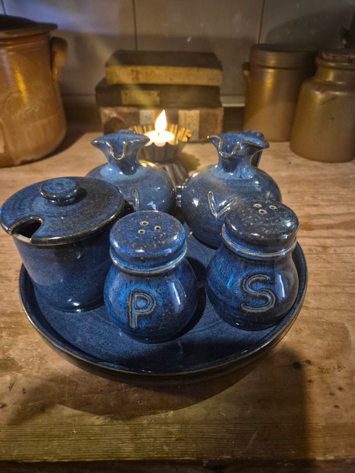 Prachtige blauwe cruetset met dienblad, Ophalen of Verzenden
