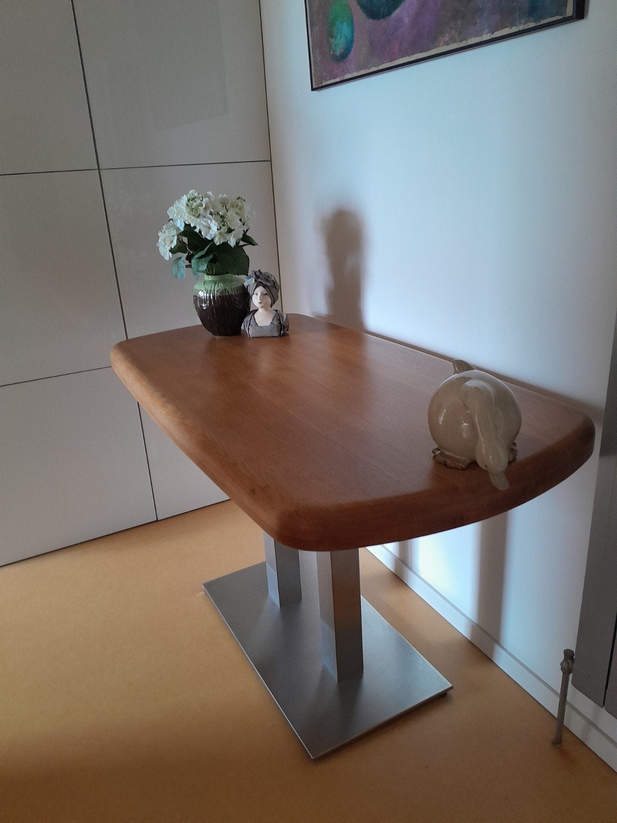 Eettafel van eikenhout met metalen onderstel, Ophalen, Gebruikt, 100 tot 150 cm, 50 tot 100 cm