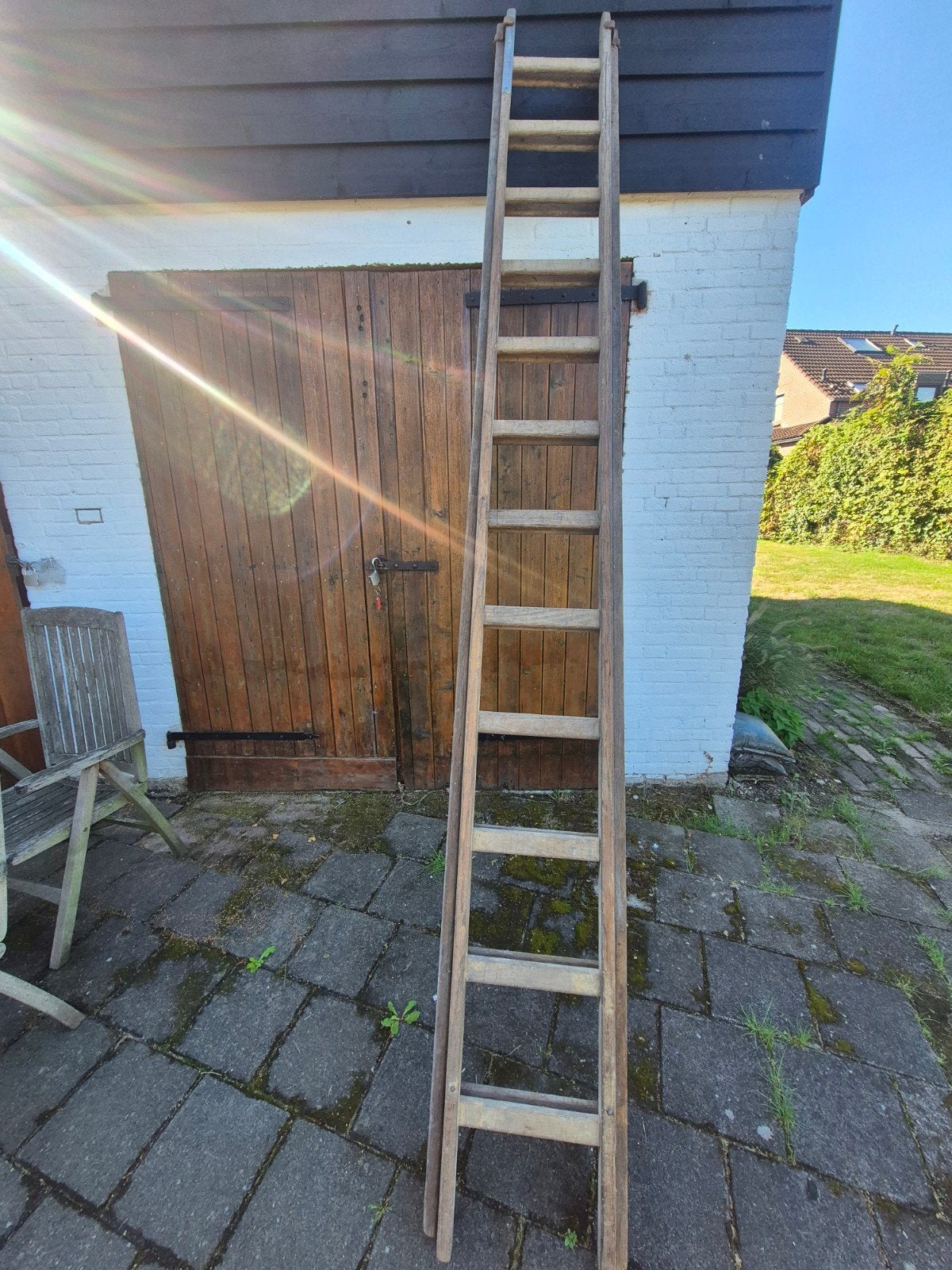 houten schuifladder 2x3,5mtr, Ophalen, Gebruikt, Ladder, Opvouwbaar of Inschuifbaar
