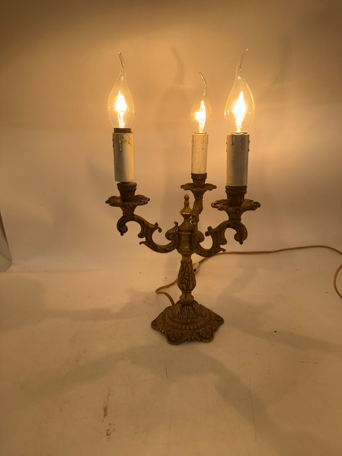 Antieke Messing Kandelaber Tafellamp - 3-Armig - Barok Stijl, Ophalen of Verzenden