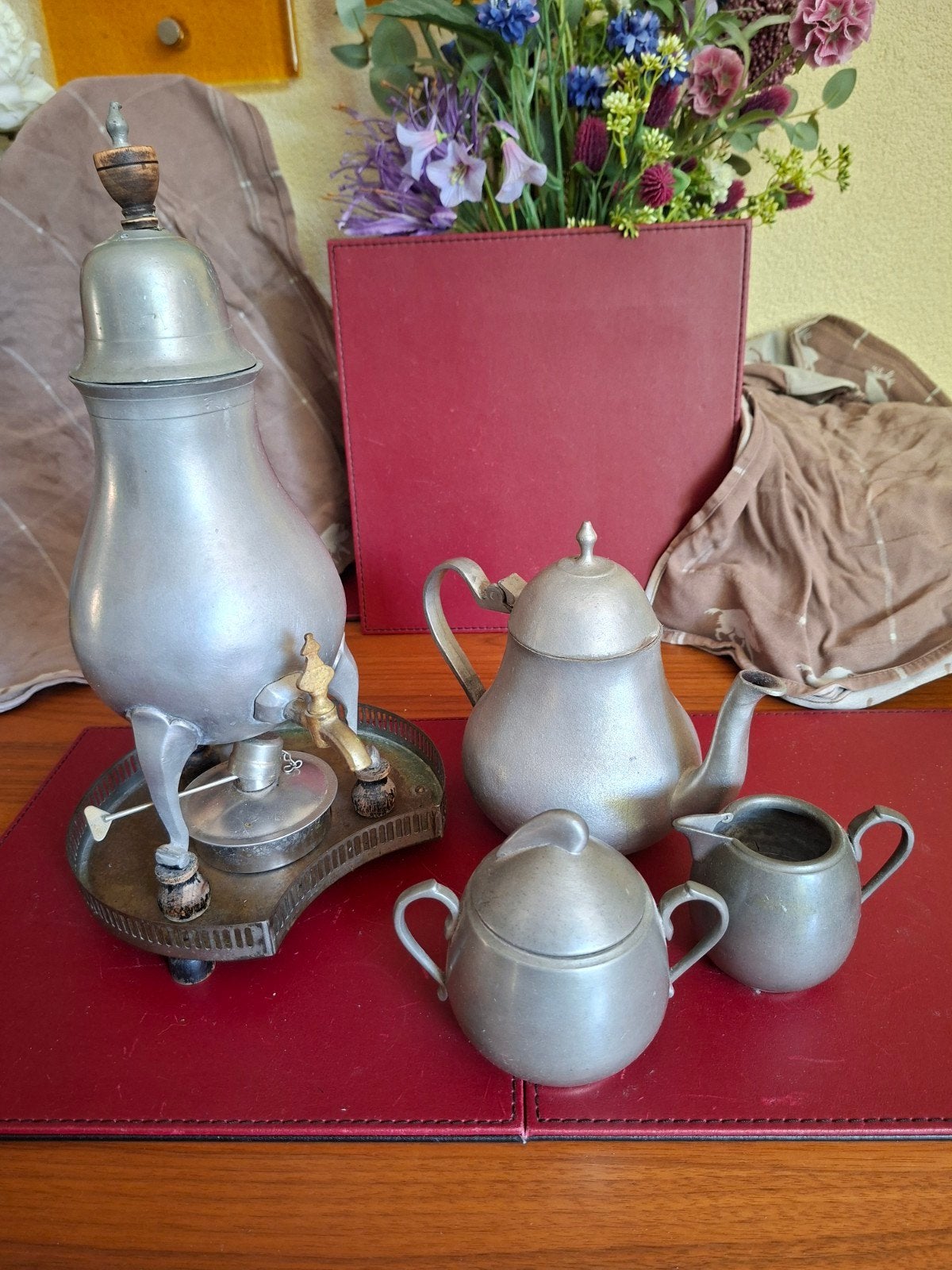 Antieke set van tinnen koffiekan en theeset, Antiek en Kunst, Ophalen