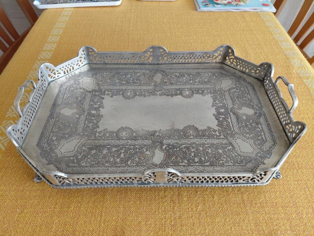 Bijzonder fraai gegraveerd verzilverd galerijblad / dienblad, Ophalen of Verzenden