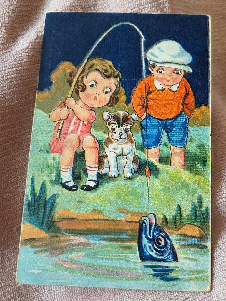 Meisje vangt een grote vis, Verzenden, 1920 tot 1940, Gelopen, Kinderen