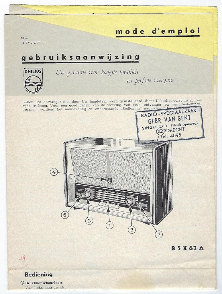 Gebruiksaanwijzing Philips radio B5X63A (1955?), Ophalen of Verzenden, Gebruikt, Radio