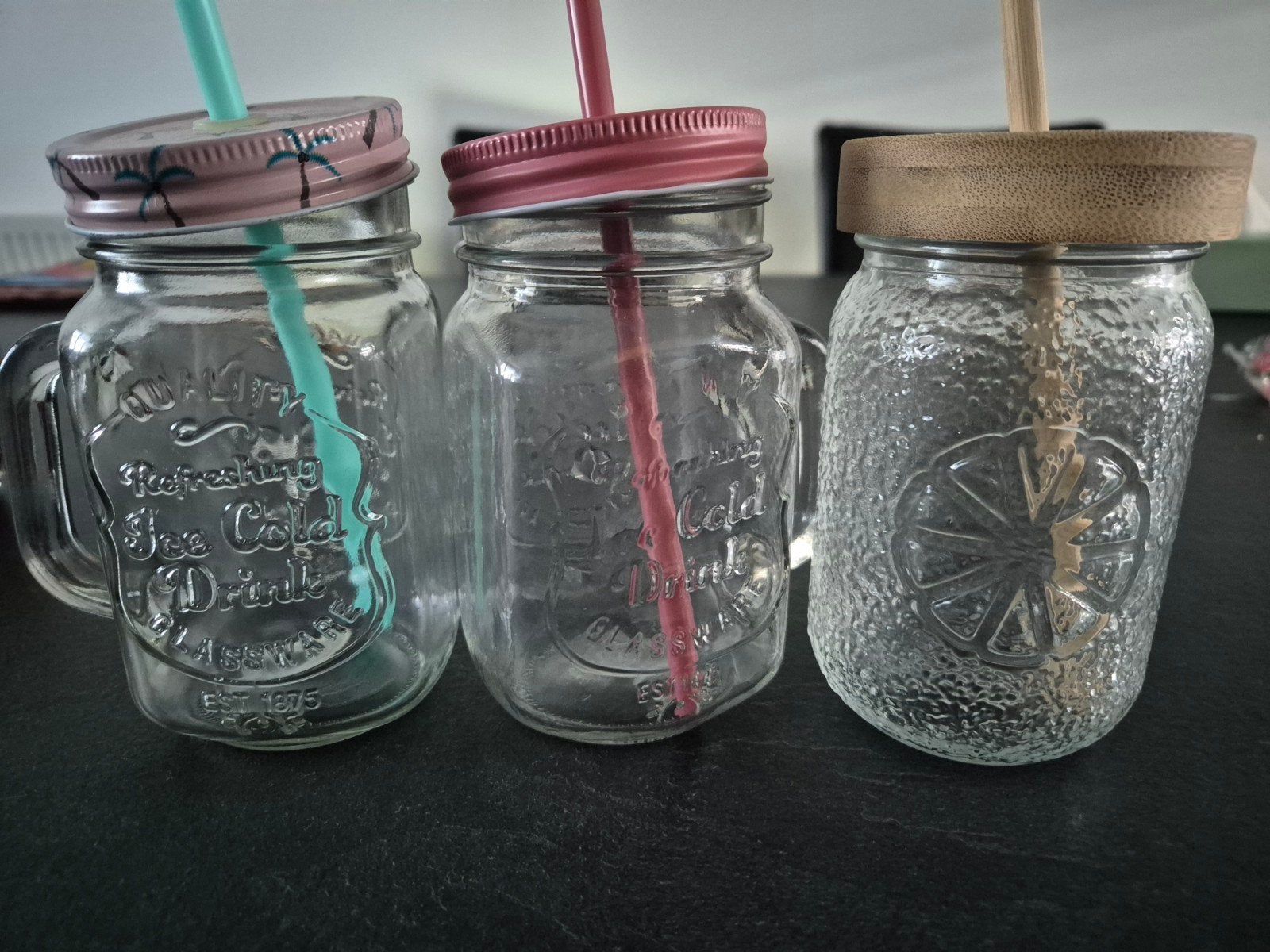 3 leuke bekers glas mason jar met rietje, Ophalen of Verzenden, Roze, Glas