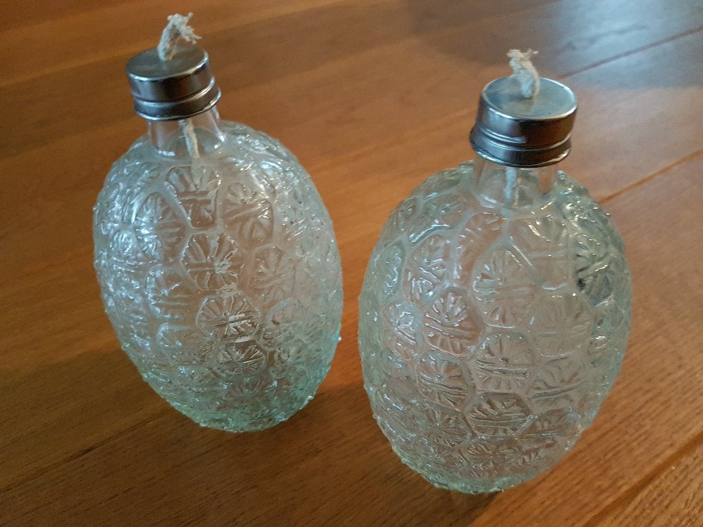2 glazen olielampen met lont, Ophalen of Verzenden, Nieuw, Glas, Kandelaar