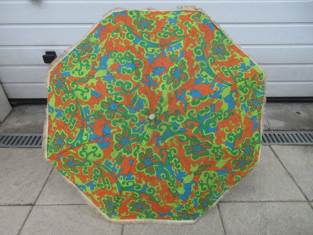 Kleine vintage parasol oranje groen stoelparasol, Ophalen of Verzenden, Gebruikt, Minder dan 1 meter, Overige typen